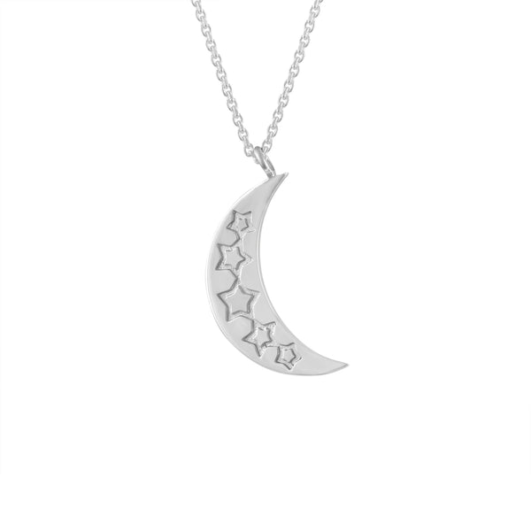 double sided etched star and moon silver necklace pendant