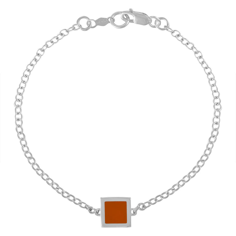 Simple Geometry Chain Bracelet with Orange Enameled Square Charm