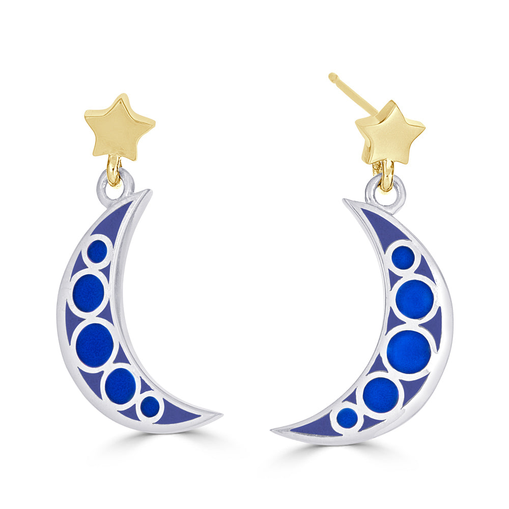 black and navy blue enameled celestial moon and star mixed metal earrings