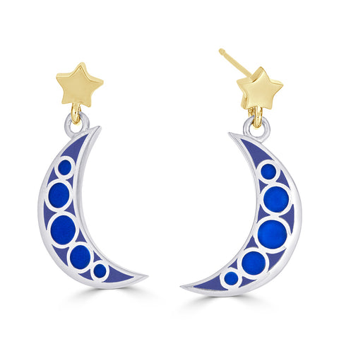two tone blue enamel moon and star earrings in silver and 14k gold