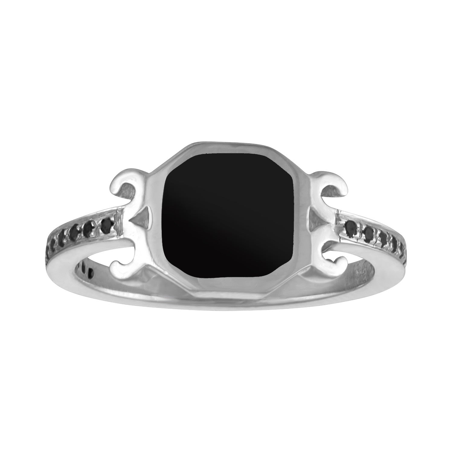 Vintage-inspired sterling silver ring with black enamel center and scroll detail with black spinels.