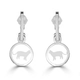 silver and white enameled cat charms on hoop earrings