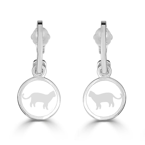 silver and white enameled cat charms on hoop earrings