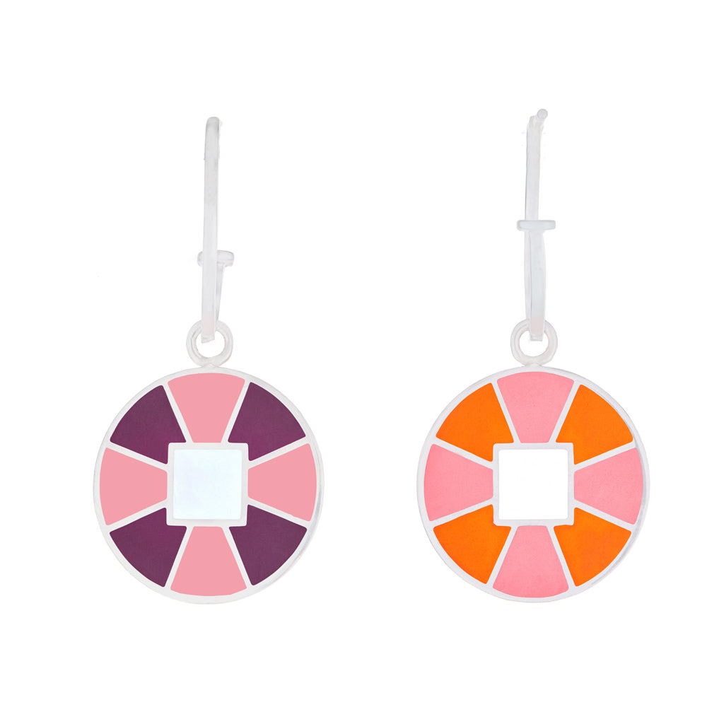 Two sided color block enameled charm drops on hoops in orange and pink