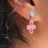 two tone yellow and pink clover drop earrings on heart studs