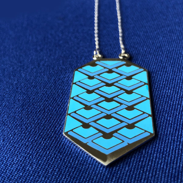 Blue deco enameled necklace on silver chain