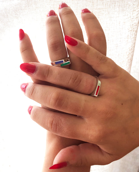tricolor enameled silver stacking rings with ruby, sapphire and emerald