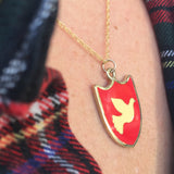 red enameled shield shape dove pendant necklace in 14k gold