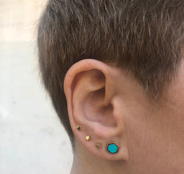 earring stack with turquoise enameled hexagon gold star earrings