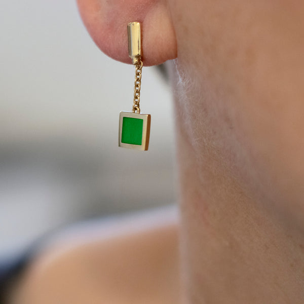 dark green enameled square dangling earrings