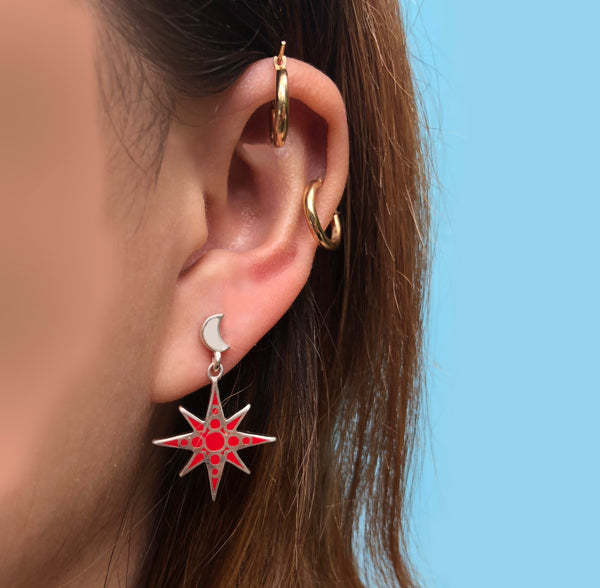 crescent moon posts and red enameled star charm drop earrings